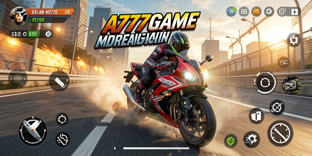 Tampilan gameplay menakjubkan dalam A777GAME dengan balapan motor yang seru.