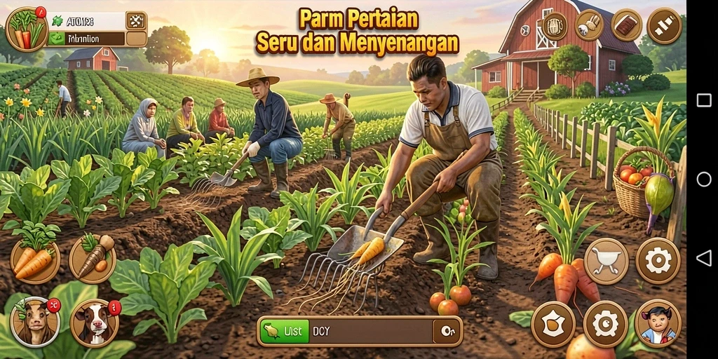 Screenshot gameplay ATOM138 dengan petani sedang merawat tanaman.