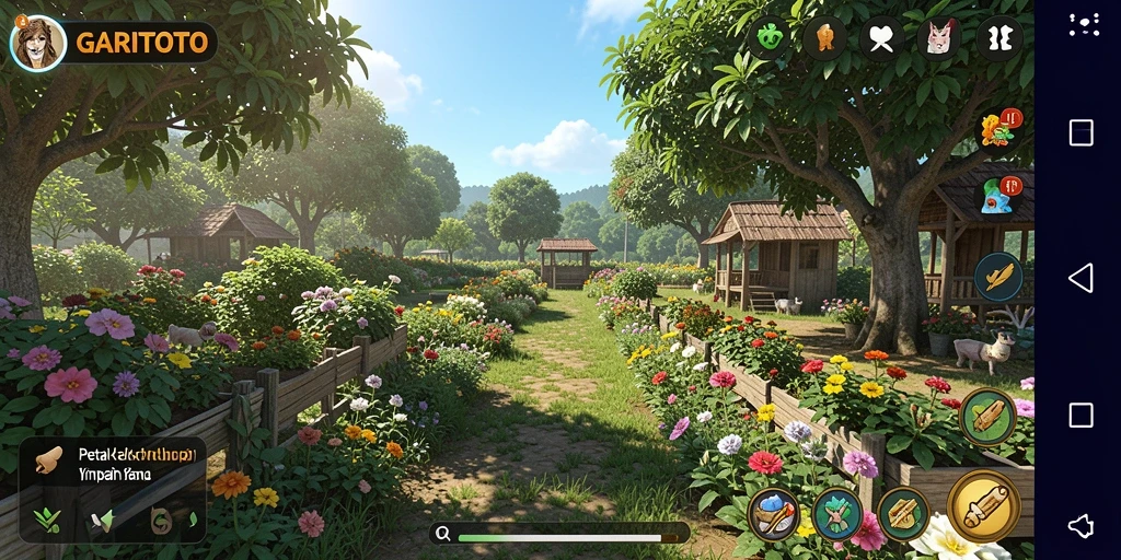 Screenshot gameplay GARITOTO menampilkan kebun yang subur dan berwarna-warni.