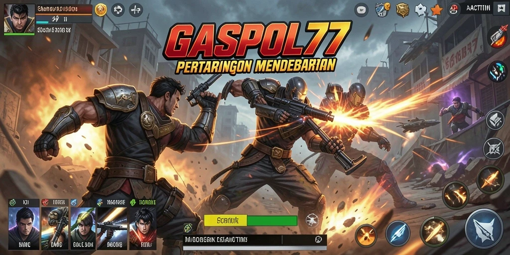 Screenshot menunjukkan aksi intens dalam <strong>GASPOL77</strong> dengan karakter sedang bertarung.