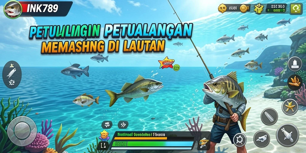 Tampilan gameplay INK789 yang menampilkan pemain saat memancing di lautan.