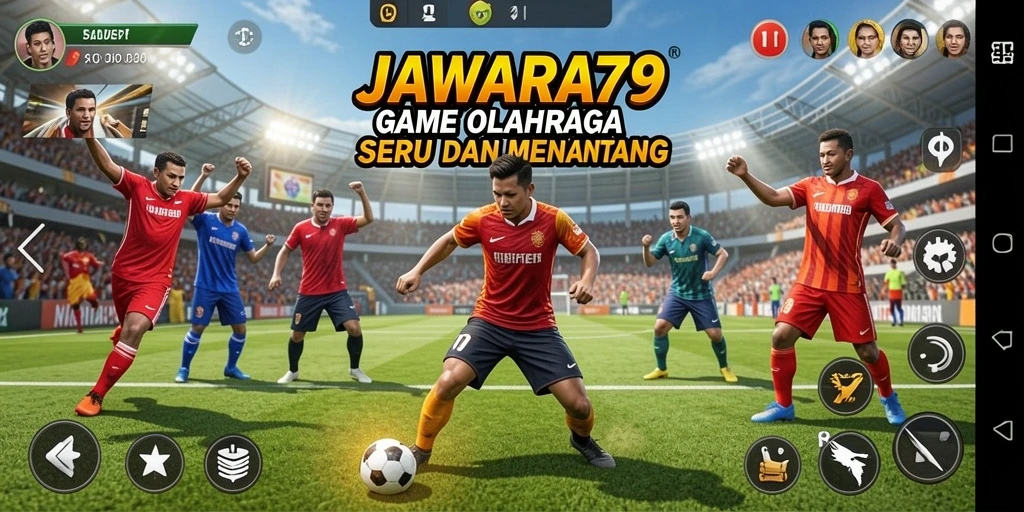 Screenshot utama JAWARA79 menampilkan aksi seru dalam permainan olahraga.
