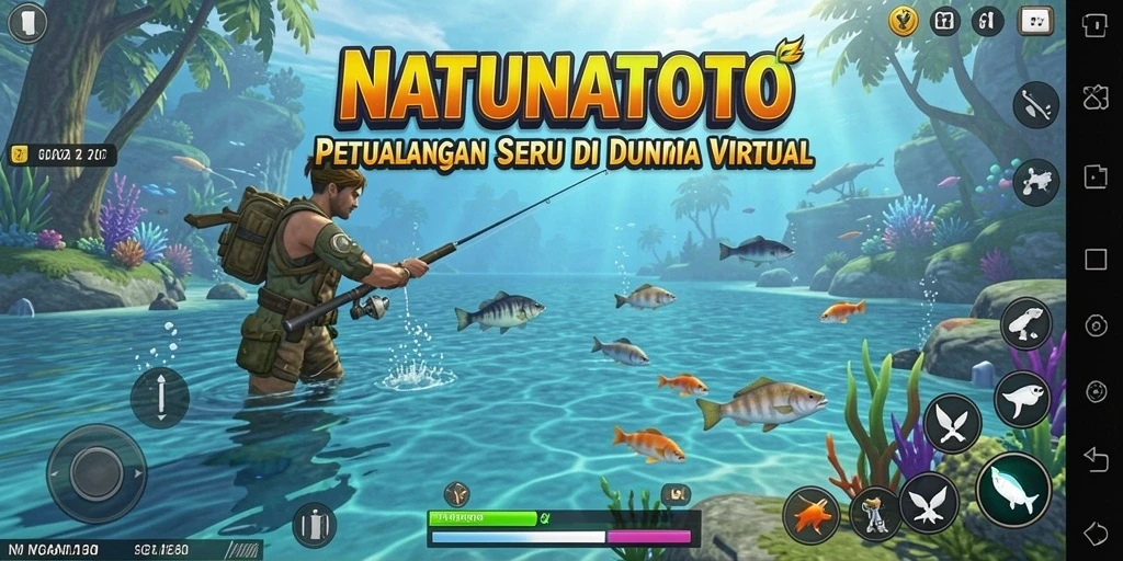 Screenshot gameplay NATUNATOTO menampilkan aksi seru saat memancing ikan.