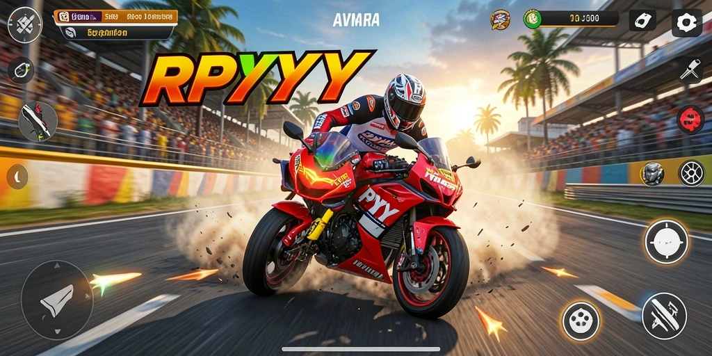 Screenshot gameplay RPYYY menampilkan balapan motor mendebarkan.