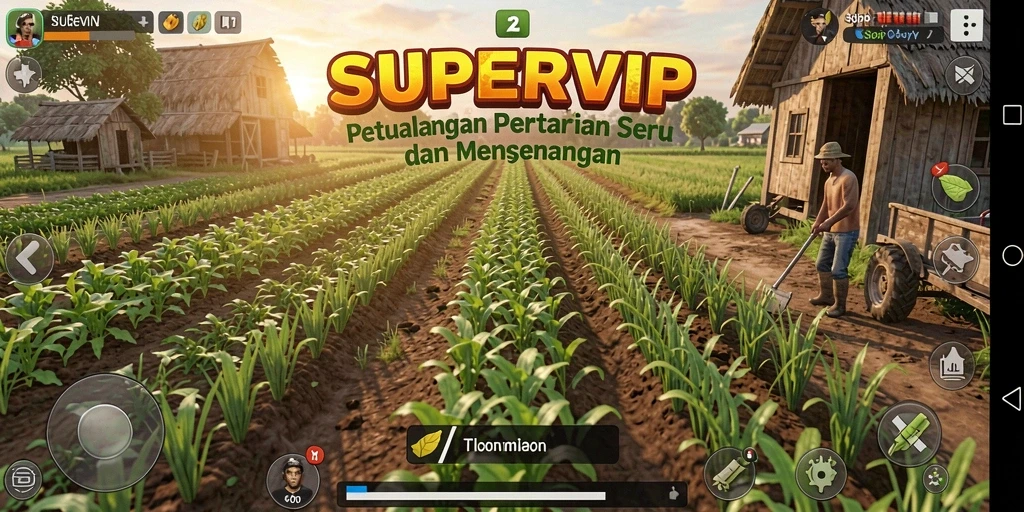 Tangkapan layar gameplay <strong>SUPERVIP</strong> menampilkan kebun yang subur dan hewan yang menggemaskan.