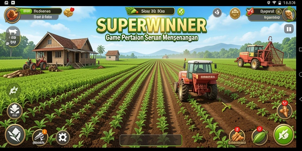 Screenshot gameplay SUPERWINNER menunjukkan aktivitas bertani yang seru.